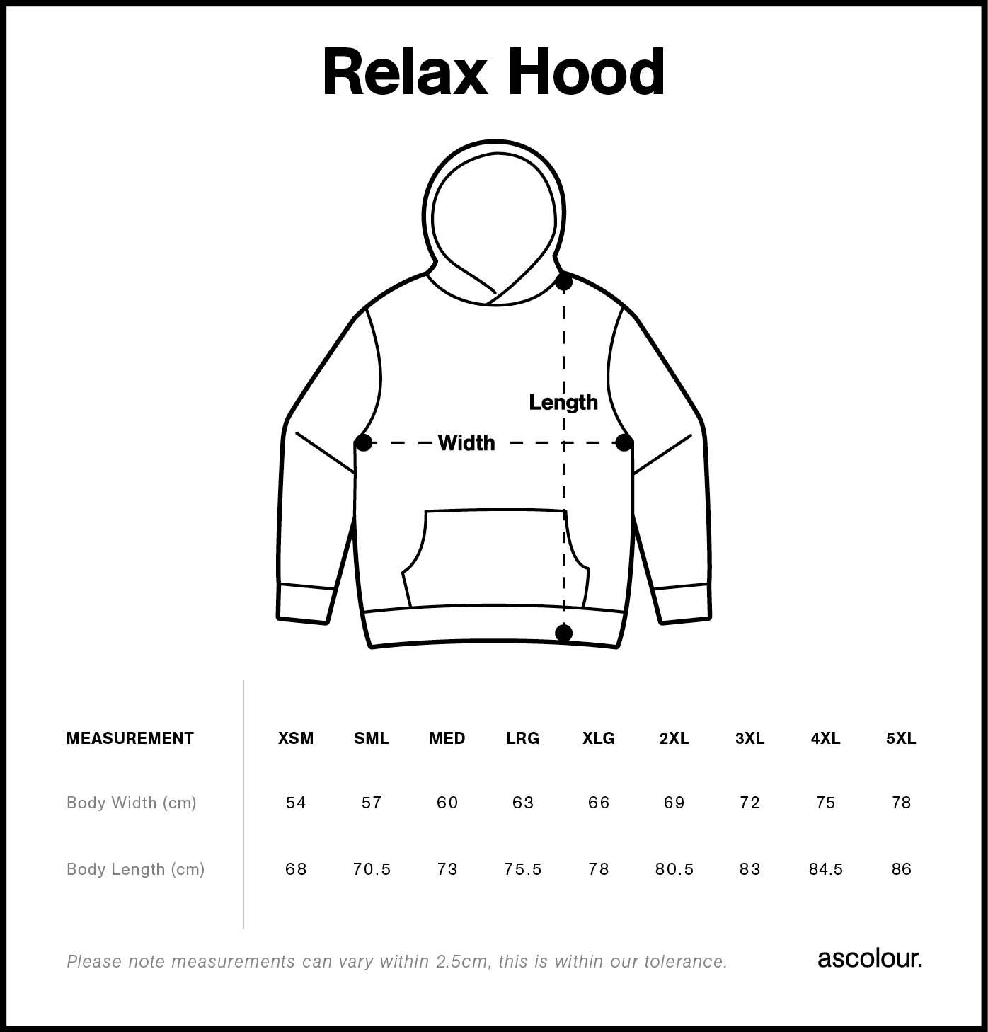 Relax Hood size chart