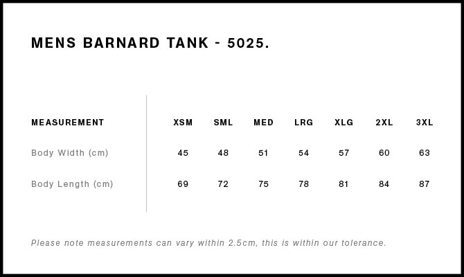 Barnard Tank size chart