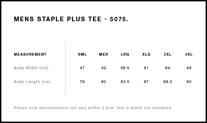 Staple Plus Tee size chart