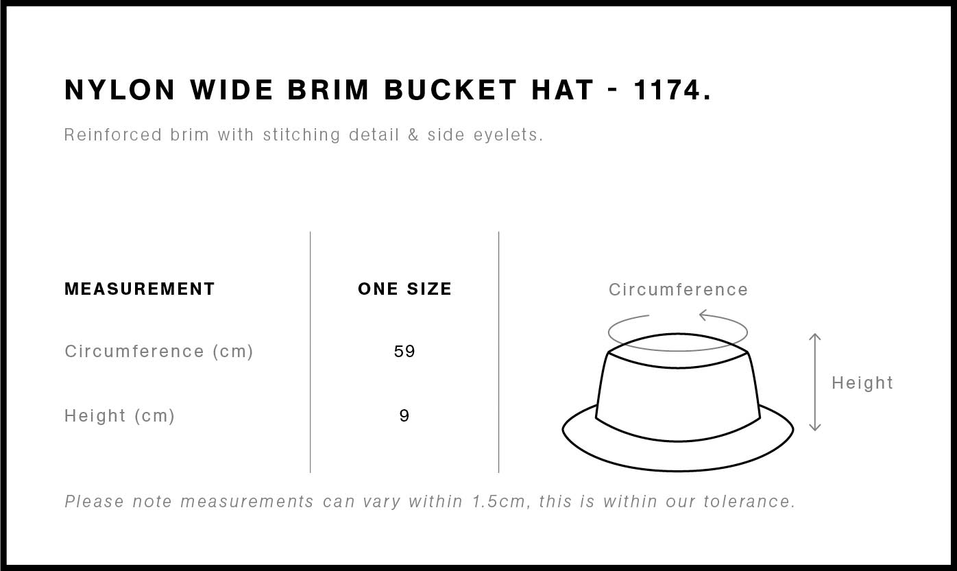 Nylon Wide Brim Bucket Hat size chart