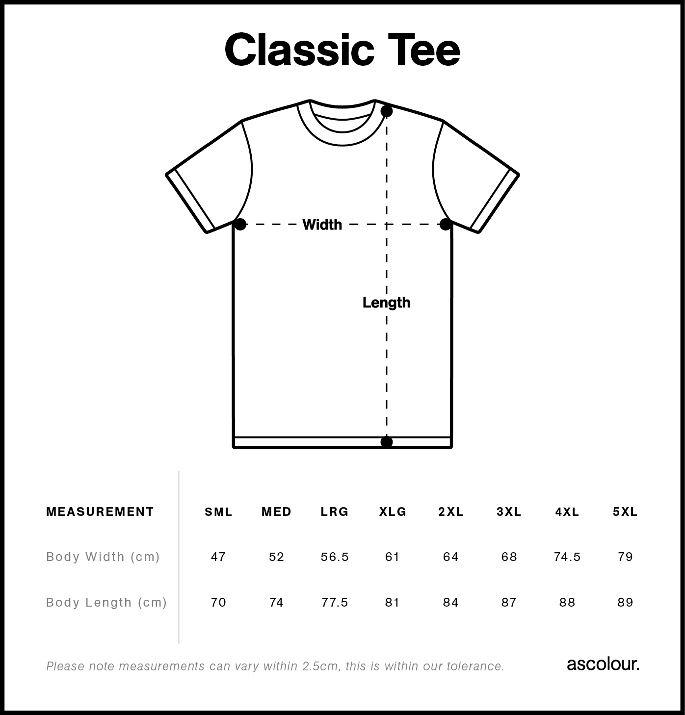 Classic Tee size chart