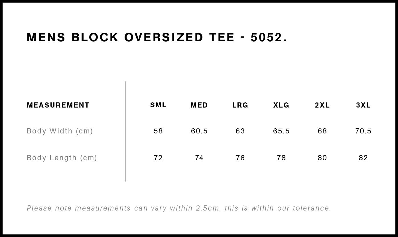 Block Oversized Tee size chart